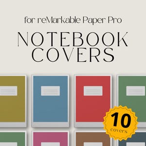 May include: Ten digital notebook covers for the reMarkable Paper Pro tablet. The covers feature different colours and designs, including blue, red, green, yellow, and pink.