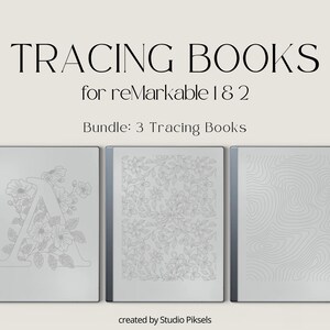 May include: A bundle of three tracing books for the reMarkable 1 & 2 tablets. The books feature a floral design, a letter A with floral accents, and a pattern of wavy lines.