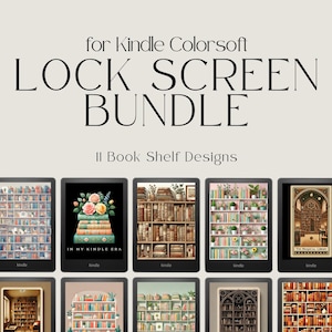 Puede incluir: Un conjunto de 11 diseños de pantalla de bloqueo de Kindle que presentan diferentes ilustraciones de estanterías. Los diseños incluyen una estantería llena de libros, una estantería con plantas y una estantería con una ventana. El texto "IN MY KINDLE ERA" es visible en uno de los diseños.