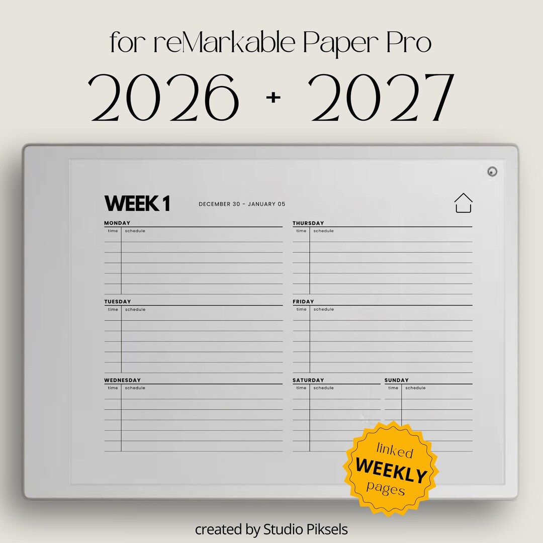 Week Overview Display Send Hyperlinked Week Calendar for Remarkable Paper Pro: Digital Linked Week ...