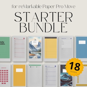 May include: A digital starter bundle for reMarkable Paper Pro Move. The image shows a collection of digital notebooks with various templates, including daily notes, contacts, and meeting notes. The bundle includes 18 items, as indicated by a yellow badge.