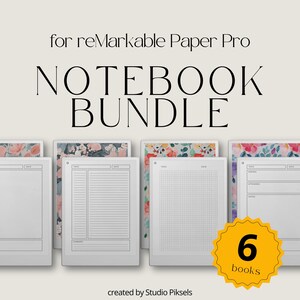 May include: A notebook bundle for reMarkable Paper Pro, featuring six digital notebooks. The notebooks have various layouts, including lined, grid, and blank pages. Floral patterns adorn the covers. The text "NOTEBOOK BUNDLE" is displayed prominently.