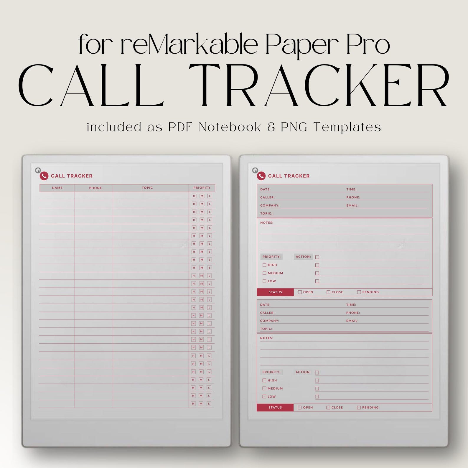 Phone Call Tracker for Remarkable Paper Pro, Phone Call Log Book, Phone ...