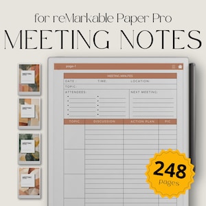 Op de afbeelding: Een digitale sjabloon voor vergadernotities voor reMarkable Paper Pro. De sjabloon bevat secties voor datum, onderwerp, deelnemers en actieplannen. De afbeelding toont een digitaal notitieblok met de tekst "MEETING NOTES" en "248 pagina's".