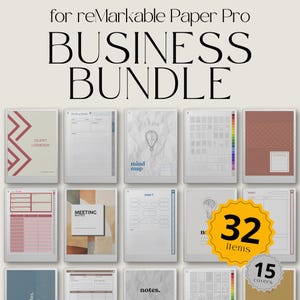 May include: A digital business bundle for reMarkable Paper Pro, featuring 32 items and 15 covers. The image displays various digital notebooks and templates, including client logbooks, meeting notes, and mind maps. The text "BUSINESS BUNDLE" is prominently displayed.