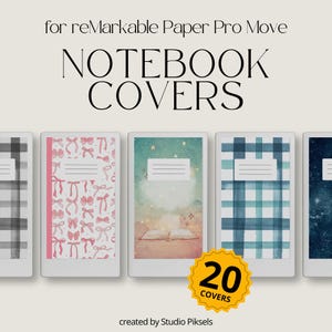 May include: Notebook covers for reMarkable Paper Pro Move. The image displays a series of covers with various designs, including a pink bow pattern, a watercolor scene, and a blue plaid. The text "NOTEBOOK COVERS" is at the top, with "20 COVERS" in a yellow badge.