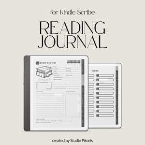 Może przedstawiać: Dwa tablety Kindle Scribe wyświetlające dziennik czytelnika. Lewy tablet pokazuje układ recenzji książki z ilustracją książki i miejscem na notatki. Prawy tablet wyświetla stronę indeksu. U góry widnieje napis "for Kindle Scribe READING JOURNAL".
