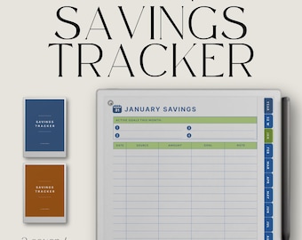 Puede incluir: Un rastreador de ahorro digital para reMarkable Paper Pro. La imagen muestra una tableta blanca con un diseño de ahorro de enero, un lápiz óptico y dos opciones de portada en azul y marrón. El texto incluye "SAVINGS TRACKER" y "2 cover / color options included."