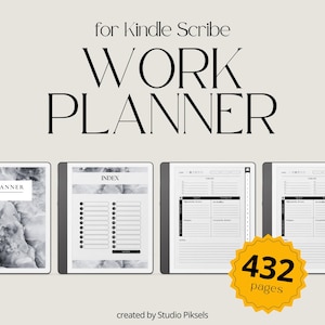 May include: Digital work planner for Kindle Scribe with 432 pages. The cover and index pages are visible, along with task lists and daily planning pages. The text "WORK PLANNER" is displayed in large, bold letters.