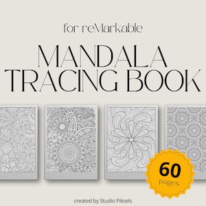 Puede incluir: Un libro de colorear digital para la tableta reMarkable con 60 páginas de intrincados diseños de mandalas. La portada muestra una página de muestra con un patrón de mandala en blanco y negro.
