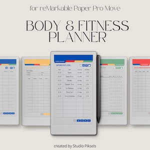 Może przedstawiać: Cyfrowy planer fitness dla reMarkable Paper Pro Move. Obraz przedstawia tablet z rysikiem i kilka stron wyświetlających dzienniki treningów i trackery pomiarów ciała. Tekst na ekranie brzmi "BODY & FITNESS PLANNER".