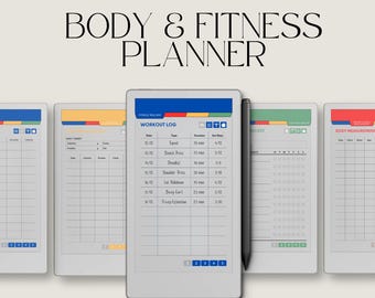 Planificador de fitness y salud para reMarkable Paper Pro Move: Registros corporales, de pérdida de peso y de entrenamiento con medidas, calorías y seguimiento de hábitos.