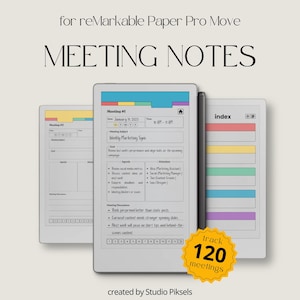 Könnte beinhalten: Digitale Vorlagen für Besprechungsnotizen für reMarkable Paper Pro Move. Das Bild zeigt drei digitale Tablets mit angezeigten Besprechungsnotizen. Das zentrale Tablet hat eine farbenfrohe Kopfzeile und eine detaillierte Tagesordnung. Ein Stift befindet sich an der Seite. Ein gelbes Abzeichen sagt "track 120 meetings".
