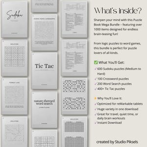 Mega Puzzle Book Bundle for reMarkable: Sudoku, Tic Tac Logic Puzzles, Crosswords and Word Search Puzzles for reMarkable
