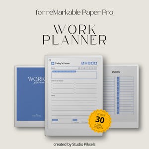 Puede incluir: Un planificador de trabajo digital para reMarkable Paper Pro con una portada azul, una plantilla de enfoque diario con secciones de tareas y fechas límite, y una página de índice. Un gráfico de estrella amarilla destaca 30 páginas diarias.