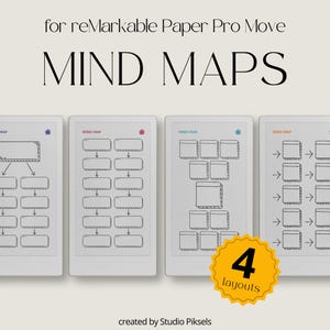 May include: Digital mind map templates for reMarkable Paper Pro Move featuring four distinct layouts with black outlines on a light background. The text reads for reMarkable Paper Pro Move, MIND MAPS, and 4 layouts, created by Studio Piksels.
