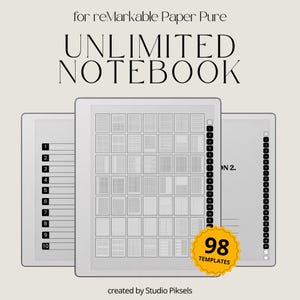 Op de afbeelding: Drie digitale tablets met notitieboek sjablonen, met de tekst "UNLIMITED NOTEBOOK" en "98 TEMPLATES". De tekst "for reMarkable Paper Pure" en "created by Studio Piksel" is ook zichtbaar.