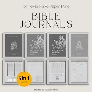 May include: A collection of digital Bible journals for reMarkable Paper tablets. The journals feature various designs, including sermon notes, Bible study, and weekly devotion pages. A yellow sticker indicates a 5-in-1 bundle.