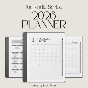 May include: Three digital planners for Kindle Scribe. The central planner displays a January 2026 calendar. The text "for Kindle Scribe" and "2026 PLANNER" are at the top. The bottom of the image reads "created by Studio Piksel".