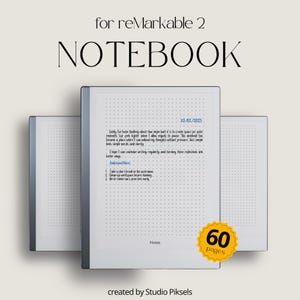 Pode incluir: Um caderno digital para reMarkable 2 com tela branca e moldura cinza. O caderno exibe anotações manuscritas e o texto "60 páginas". O texto "for reMarkable 2 NOTEBOOK" está no topo. Projetado por Studio Piksels.