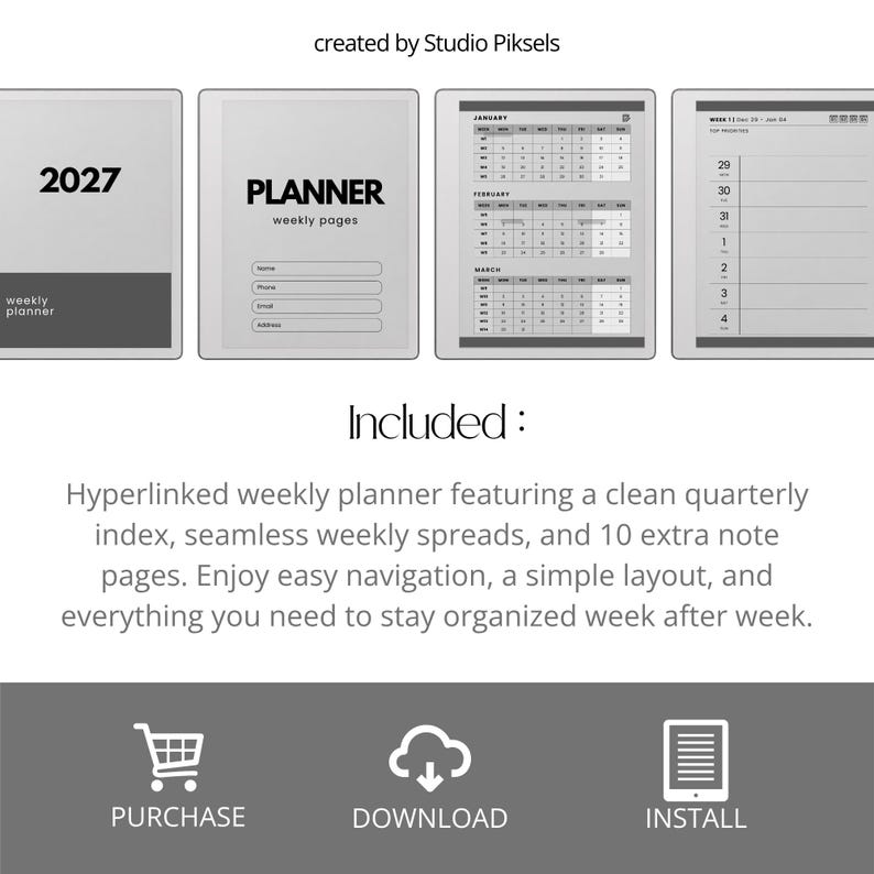 Hyperlinked Weekly Planner for reMarkable Paper Pure: Linked 2026 + 2027 Weekly Calendar With Quarterly Overview and Week Priority Planners