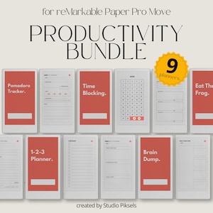 May include: A digital productivity bundle for reMarkable Paper Pro Move. The image shows nine planners, including "Pomodoro Tracker" and "Time Blocking." The planners have a white background with red accents. The bundle is designed by Studio Piksels.