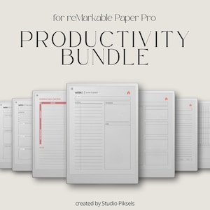 May include: A digital productivity bundle for reMarkable Paper Pro. The image displays several digital planner templates with a minimalist design. The templates include sections for weekly planning, Eisenhower matrix, and more. The text on the image reads "PRODUCTIVITY BUNDLE".