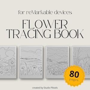 Op de afbeelding: Een zwart-wit bloemen traceerboek voor opmerkelijke apparaten met 80 pagina's. De omslag toont drie verschillende bloemschermen.