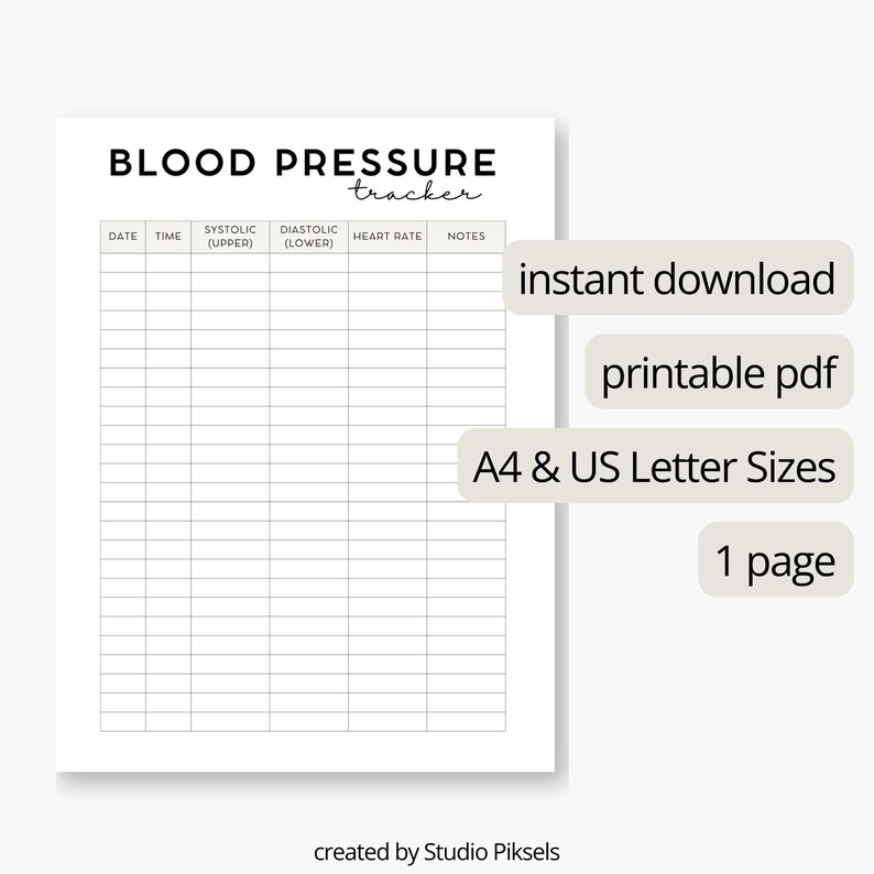 Blood Pressure Log, Blood Pressure Chart, Blood Pressure Sheet, Medical