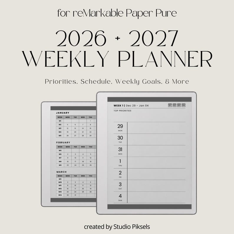 Hyperlinked Weekly Planner for reMarkable Paper Pure: Linked 2026 + 2027 Weekly Calendar With Quarterly Overview and Week Priority Planners