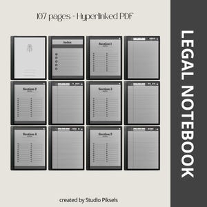 Könnte beinhalten: Digitales juristisches Notizbuch mit 107 Seiten, hyperverlinktes PDF. Das Notizbuch ist in Abschnitte unterteilt, darunter ein Index und die Abschnitte 1-5. Das Cover hat ein minimalistisches Design. Der Text "LEGAL NOTEBOOK" wird vertikal rechts angezeigt.