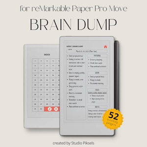 Può includere: Un pianificatore digitale per reMarkable Paper Pro Move, con un layout "Brain Dump". L'immagine mostra due tablet, uno con un indice e l'altro con un pianificatore settimanale. Il pianificatore include sezioni per personale, lavoro, idee e note. Il testo "52 weekly pages" è visibile.