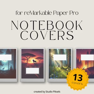 Puede incluir: Un conjunto de 13 cubiertas digitales para el reMarkable Paper Pro. Las cubiertas presentan una variedad de escenas de la naturaleza, incluyendo bosques, sabanas y puestas de sol. El texto "for reMarkable Paper Pro" y "NOTEBOOK COVERS" se muestra en la parte superior de la imagen. El texto "13 covers" se muestra en un círculo amarillo en la parte inferior derecha de la imagen.
