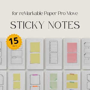 Puede incluir: Notas adhesivas digitales para reMarkable Paper Pro Move. La imagen muestra una cuadrícula de rectángulos blancos, cada uno con un diseño diferente. Algunos tienen notas adhesivas amarillas, rosas o verdes. El texto "STICKY NOTES" está en la parte superior.