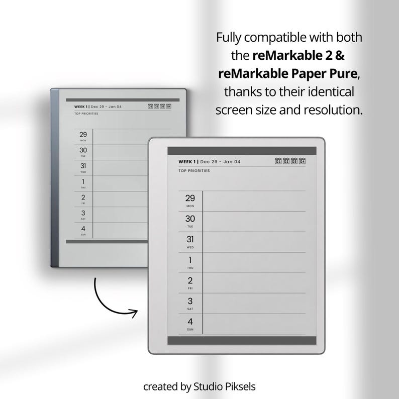 Hyperlinked Weekly Planner for reMarkable Paper Pure: Linked 2026 + 2027 Weekly Calendar With Quarterly Overview and Week Priority Planners