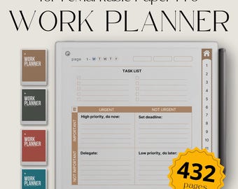 May include: A digital work planner for reMarkable Paper Pro. The planner features a task list, sections for urgent and not urgent tasks, and a notes section. The image includes a yellow starburst graphic with the text "432 pages."