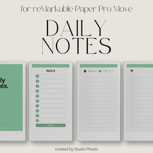 Könnte beinhalten: Digitale Vorlagen für reMarkable Paper Pro Move, mit minimalistischem Design. Das Bild zeigt mehrere digitale Seiten in einem grün-weißen Farbschema. Der Text "DAILY NOTES" ist prominent dargestellt, zusammen mit "INDEX" und "LISTS". Erstellt von Studio Piksels.