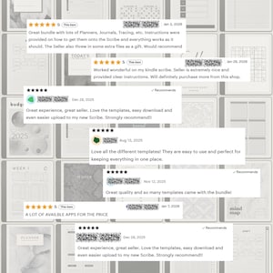 May include: A collection of digital planner templates and journal pages, including budget trackers, weekly schedules, and mind maps. The image shows customer reviews with 5-star ratings and positive feedback about the product's quality and ease of use.