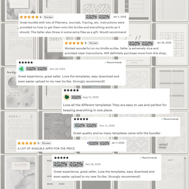 May include: A collection of digital planner templates and journal pages, including budget trackers, weekly schedules, and mind maps. The image shows customer reviews with 5-star ratings and positive feedback about the product's quality and ease of use.