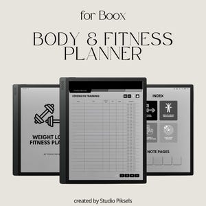 Könnte beinhalten: Ein digitaler Körper- und Fitnessplaner für Boox-Geräte, bestehend aus drei Tablet-Bildschirmen, die ein Krafttraining-Protokoll, ein Deckblatt für einen Fitnessplan und eine Indexseite mit Symbolen zur Nachverfolgung anzeigen.