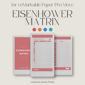Könnte beinhalten: Digitaler Planer für reMarkable Paper Pro Move mit der Eisenhower-Matrix. Der Planer hat einen weißen Rand und ein korallenfarbenes Innendesign mit dem Text "EISENHOWER MATRIX". Enthält einen Index und einen Notizenbereich. Erstellt von Studio Piksels.