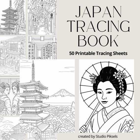 Japan Tracing Book, World Travel Coloring Books Bundle, Japan Coloring Pages, Japan Tracing Pages, Adult Coloring & Kids Coloring Pages