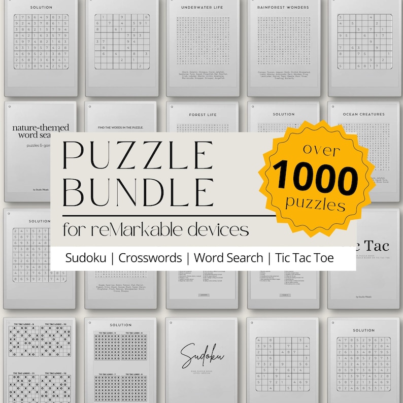 Mega Puzzle Book Bundle for reMarkable: Sudoku, Tic Tac Logic Puzzles, Crosswords and Word Search Puzzles for reMarkable