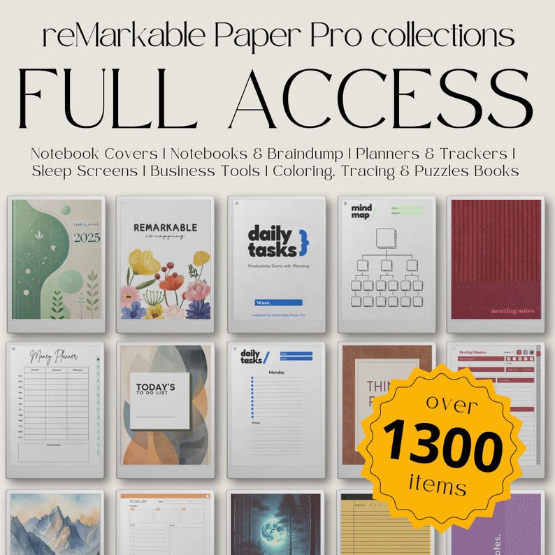 Volledige toegang tot de reMarkable Paper Pro-collecties, productiviteitssjablonen voor reMarkable Paper Pro, planner, notitieboek en sjablonenbundel. afbeelding 11