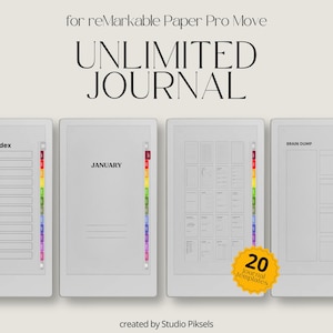 May include: Digital journal templates for reMarkable Paper Pro Move. The image shows four digital journal pages with the text "UNLIMITED JOURNAL" and "JANUARY". The journal pages have colourful tabs and include 20 journal templates.