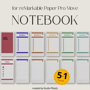 Könnte beinhalten: Digitales Notizbuch-Template für reMarkable Paper Pro Move. Das Bild zeigt eine Reihe digitaler Notizbuchseiten mit den Abschnitten 1 bis 5. Das Notizbuch hat einen roten Einband und eine Indexseite. Der Text "NOTEBOOK" wird in großen, fetten Buchstaben angezeigt.