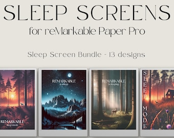 Peut inclure: Un ensemble de 13 designs d'écran de veille numériques pour la tablette reMarkable Paper Pro. Les designs présentent une variété de scènes de nature, notamment des forêts, des montagnes et des lacs. Le texte "REMARKABLE is asleep" et "SLEEP MODE" est visible sur les écrans.