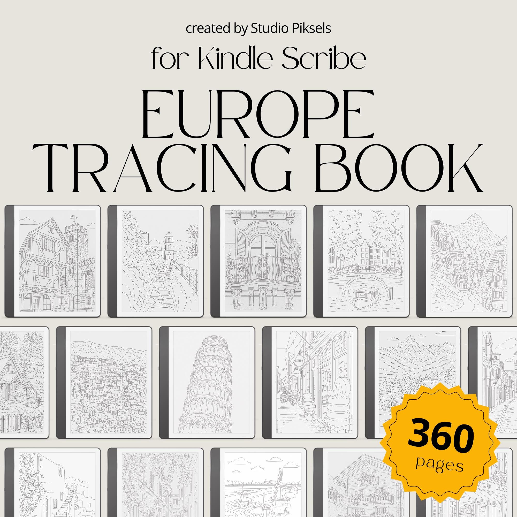 Europe Tracing Book Bundle for Kindle Scribe – 360-Page Adult Calming Coloring & Tracing Templates