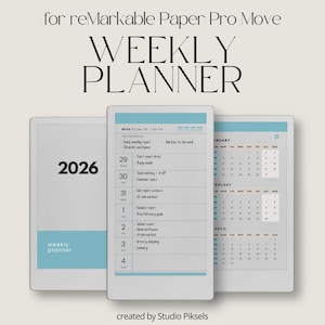 Może przedstawiać: Cyfrowy tygodniowy planer dla reMarkable Paper Pro Move. Planer wyświetla kalendarz na rok 2026 z tygodniowym układem, zawierającym daty, zadania i widok kalendarza miesięcznego. Projekt charakteryzuje się czystą, minimalistyczną estetyką.