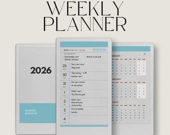 Op de afbeelding: Een digitale weekplanner voor reMarkable Paper Pro Move. De planner toont een kalender voor 2026 met een wekelijkse indeling, inclusief data, taken en een maandelijkse kalenderweergave. Het ontwerp heeft een strakke, minimalistische esthetiek met blauwe en witte tinten.